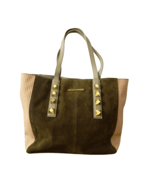 Tote Bag Jazmin Chebar de Cuero Gamuzado Marrón con Laterales Rosa