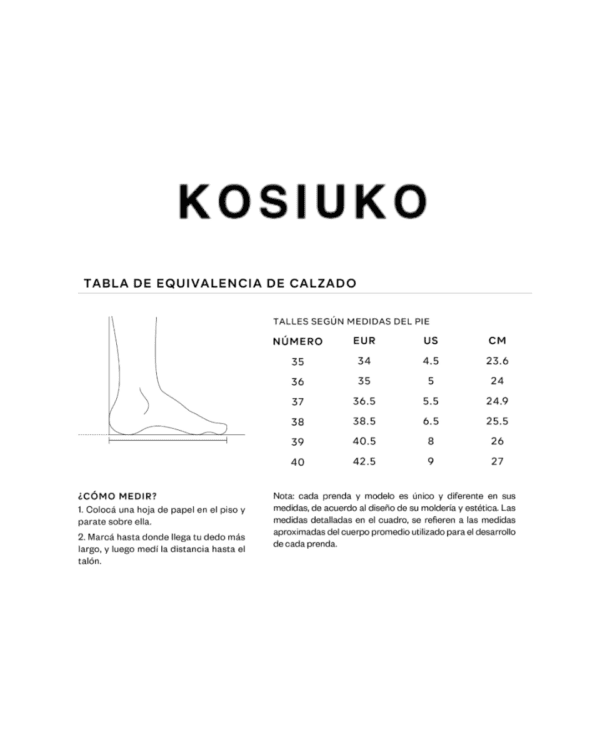 Guía de Talles Kosiuko Calzado